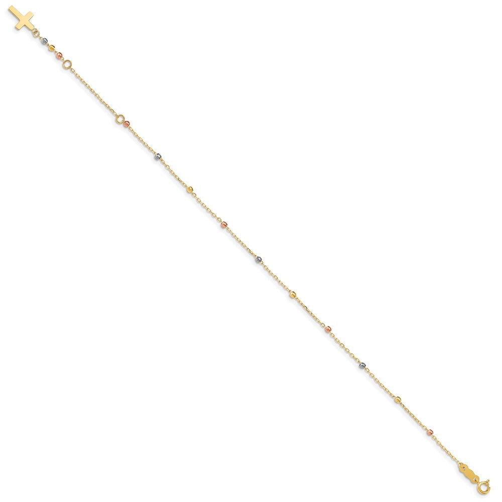 7 Zoll 14K Tri Colored Gold Diamantiert Gekugelt Kreuz mit 1 in Verlängerung Armband