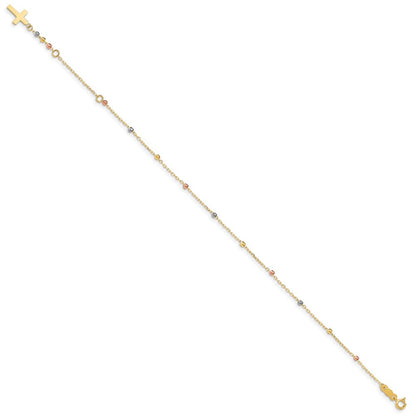7 Zoll 14K Tri Colored Gold Diamantiert Gekugelt Kreuz mit 1 in Verlängerung Armband