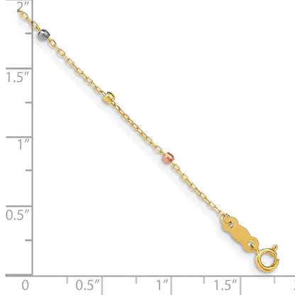 7 Zoll 14K Tri Colored Gold Diamantiert Gekugelt Kreuz mit 1 in Verlängerung Armband