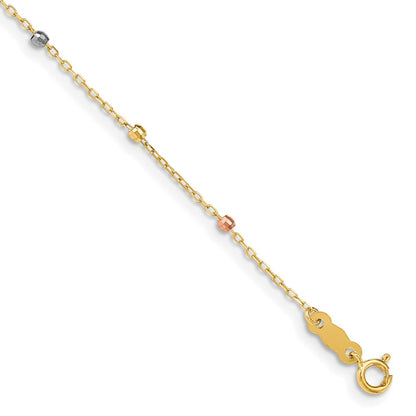7 Zoll 14K Tri Colored Gold Diamantiert Gekugelt Kreuz mit 1 in Verlängerung Armband