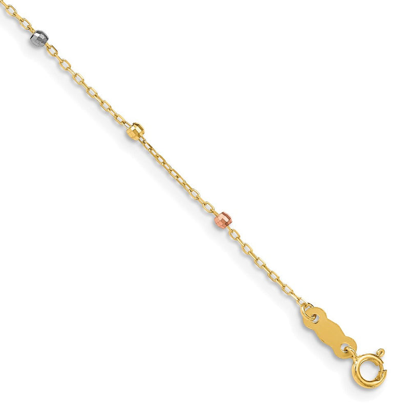 7 Zoll 14K Tri Colored Gold Diamantiert Gekugelt Kreuz mit 1 in Verlängerung Armband
