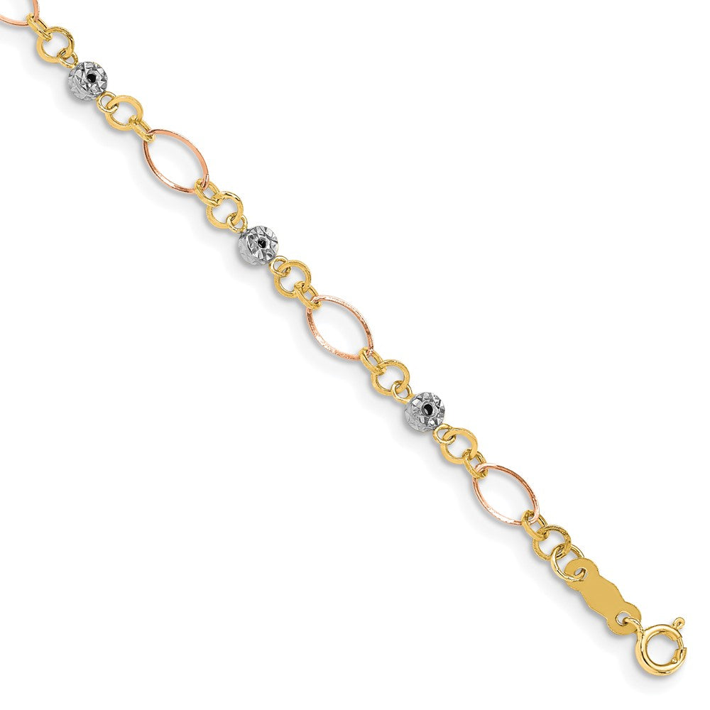 14K Tricolor Poliert Diamantiert Ovals & Donut Perlen Armband