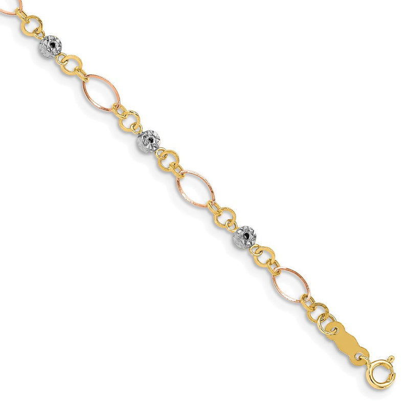 14K Tricolor Poliert Diamantiert Ovals & Donut Perlen Armband