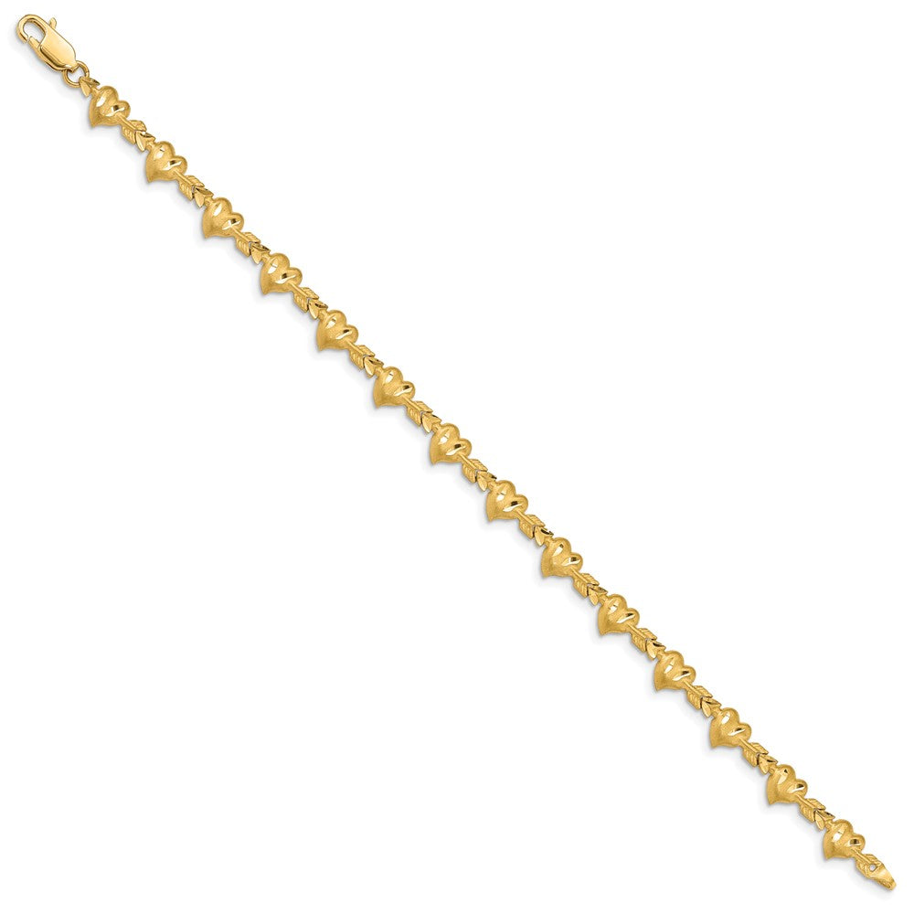 14K Gelbgold Satiniert Diamantiert Herz mit Pfeil 7 Zoll Armband