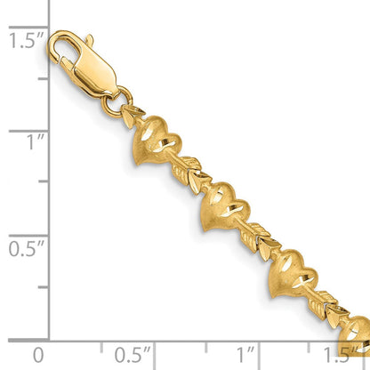 14K Gelbgold Satiniert Diamantiert Herz mit Pfeil 7 Zoll Armband