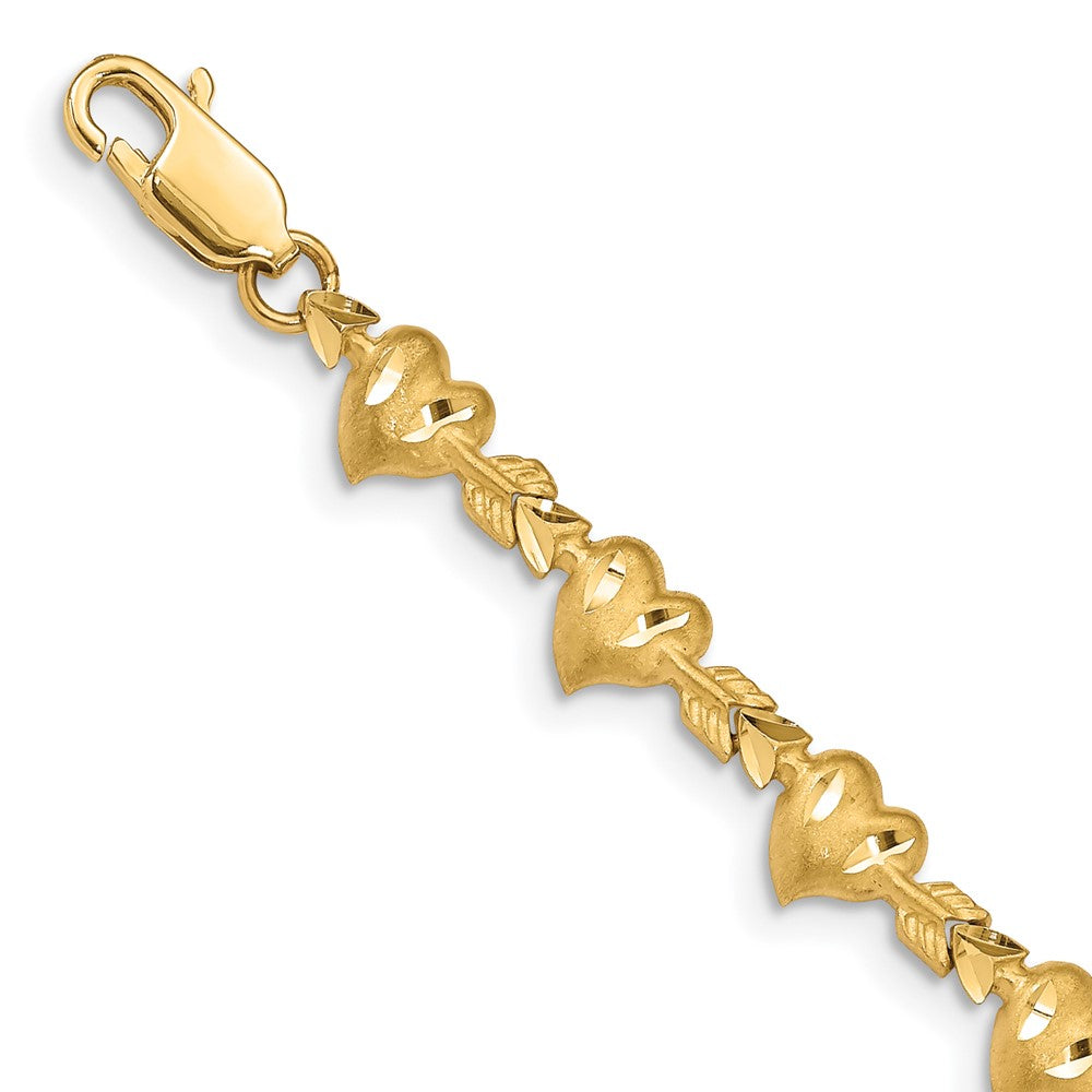 14K Gelbgold Satiniert Diamantiert Herz mit Pfeil 7 Zoll Armband