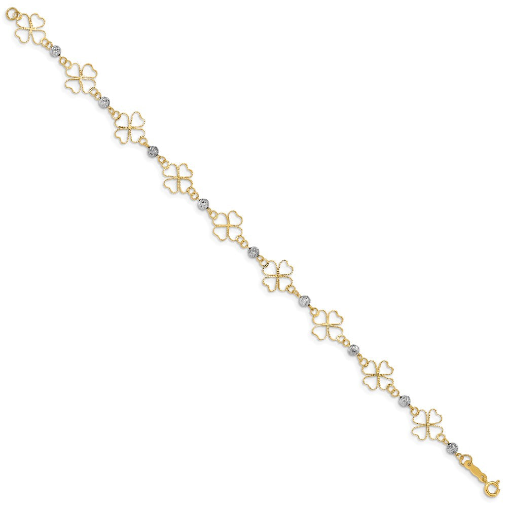 7.5 Zoll 14K Bicolor Diamantiert Offen Clovers & Perlen Armband