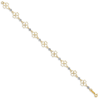 7.5 Zoll 14K Bicolor Diamantiert Offen Clovers & Perlen Armband