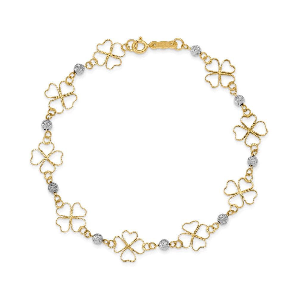 7.5 Zoll 14K Bicolor Diamantiert Offen Clovers & Perlen Armband