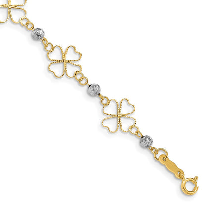 7.5 Zoll 14K Bicolor Diamantiert Offen Clovers & Perlen Armband