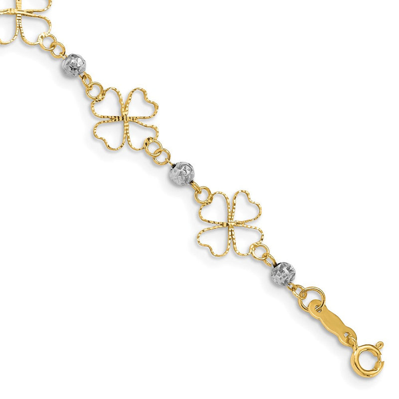 7.5 Zoll 14K Bicolor Diamantiert Offen Clovers & Perlen Armband