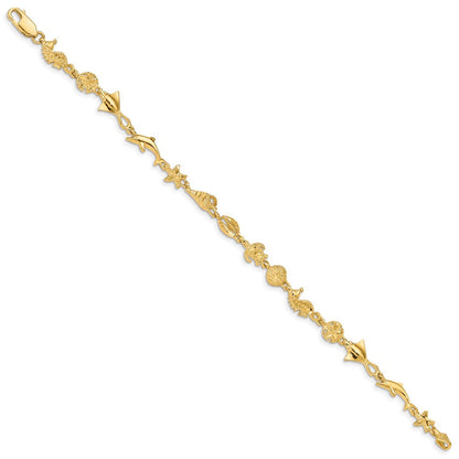 14K Gelbgold Poliert und Strukturiert Ocean Motif 7 Zoll Armband