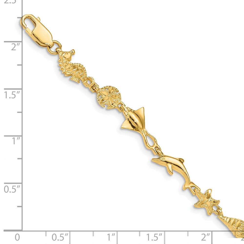 14K Gelbgold Poliert und Strukturiert Ocean Motif 7 Zoll Armband