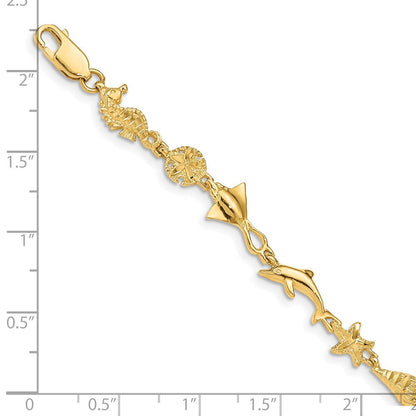 14K Gelbgold Poliert und Strukturiert Ocean Motif 7 Zoll Armband