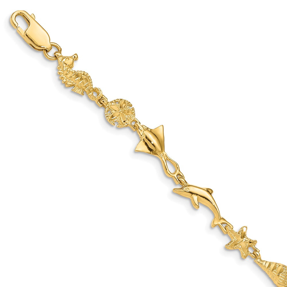 14K Gelbgold Poliert und Strukturiert Ocean Motif 7 Zoll Armband