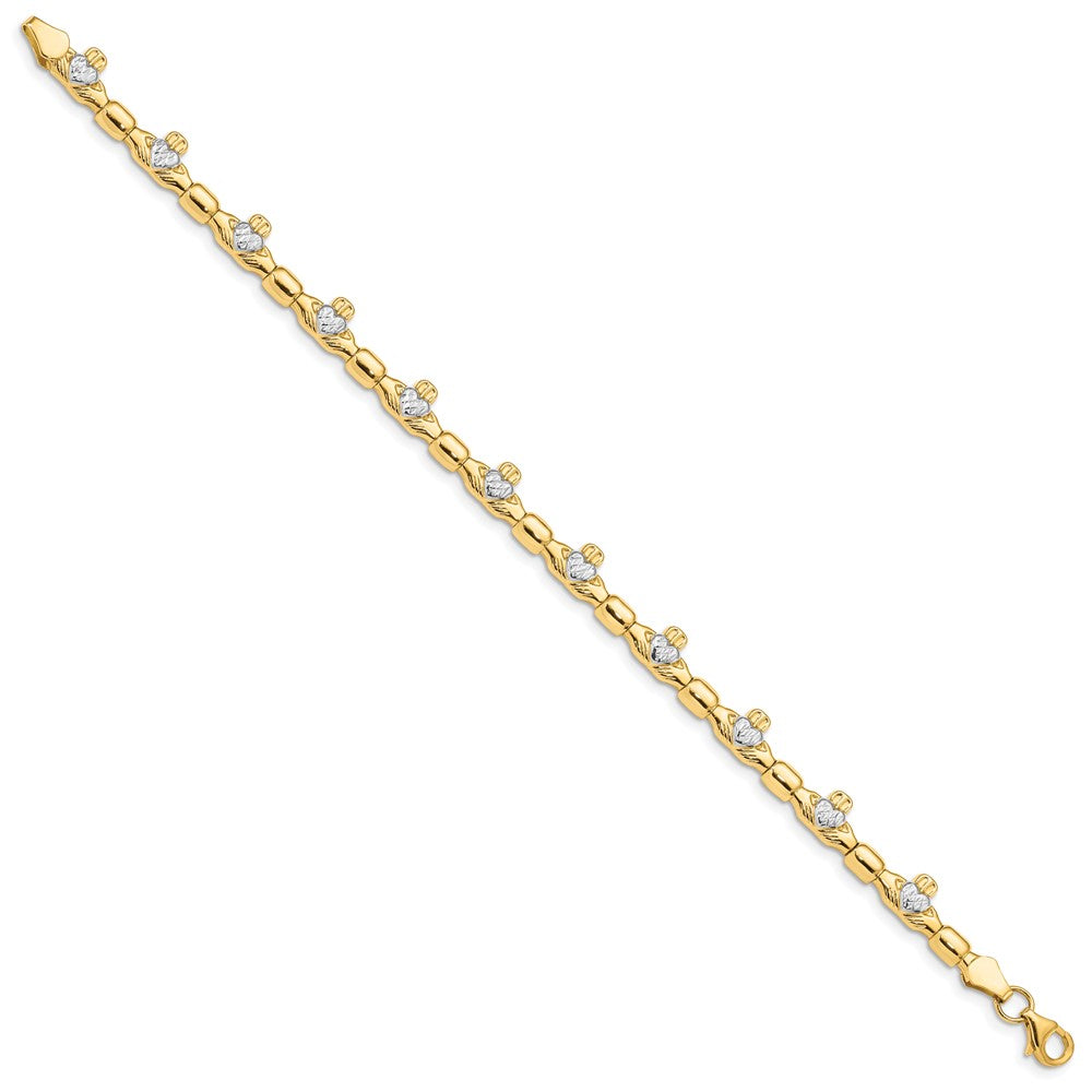 7.25 Zoll 14K mit Rhodium Diamantiert Claddagh Poliert Glieder Armband