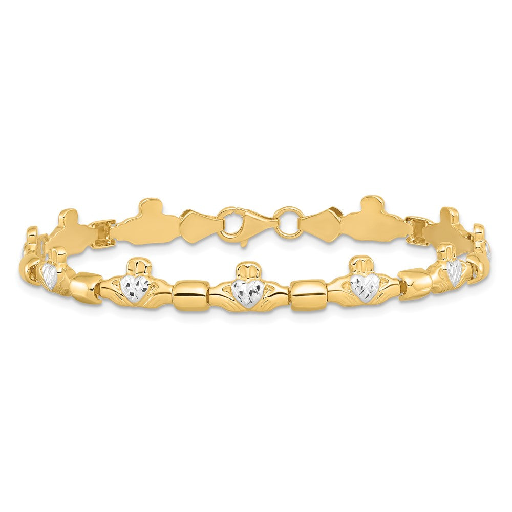 7.25 Zoll 14K mit Rhodium Diamantiert Claddagh Poliert Glieder Armband