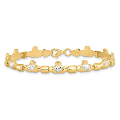 7.25 Zoll 14K mit Rhodium Diamantiert Claddagh Poliert Glieder Armband