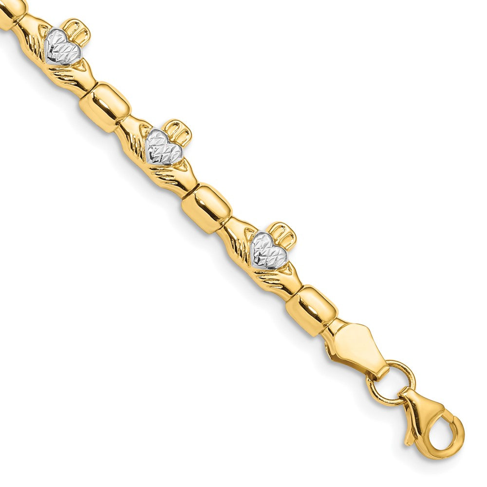 7.25 Zoll 14K mit Rhodium Diamantiert Claddagh Poliert Glieder Armband
