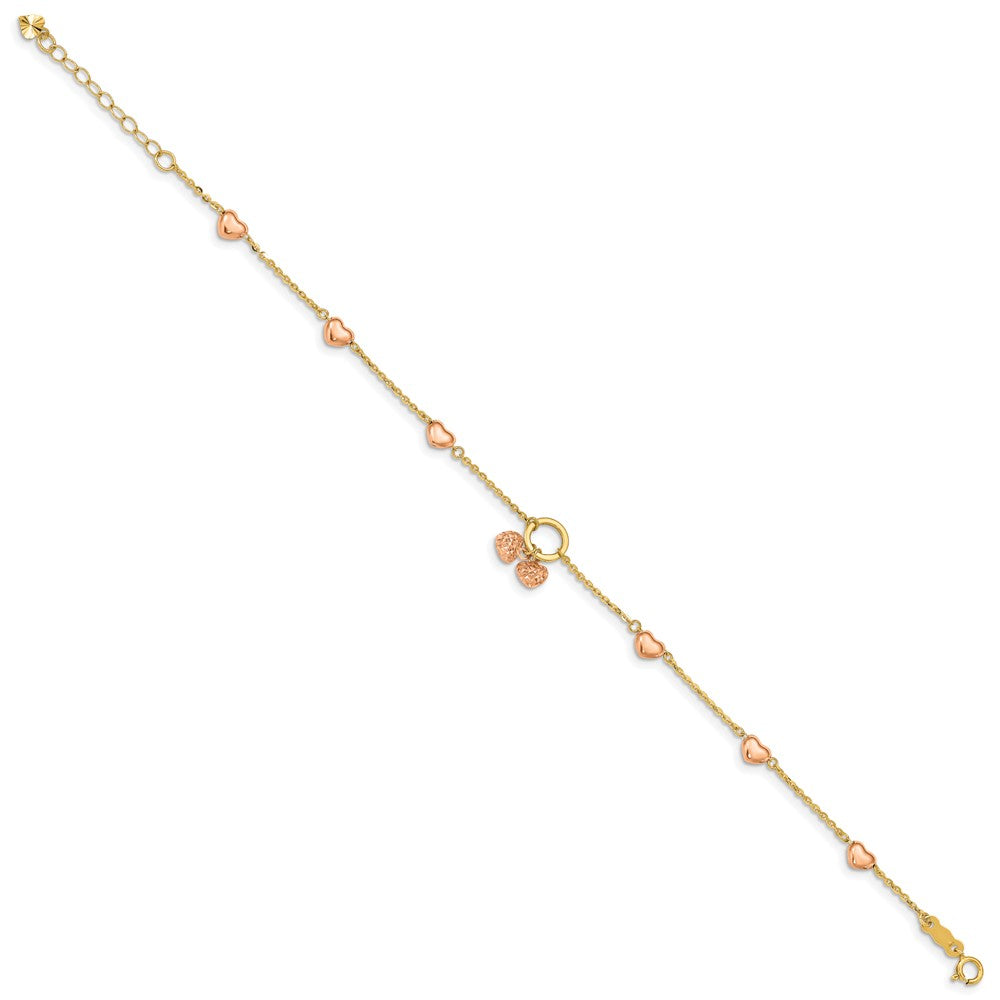 7 Zoll 14K Bicolor Diamantiert Herzen mit 1 Zoll Verlängerung. Armband