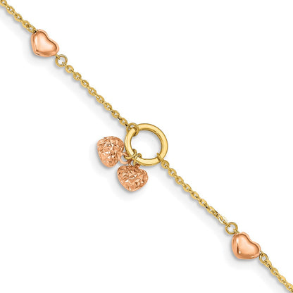 7 Zoll 14K Bicolor Diamantiert Herzen mit 1 Zoll Verlängerung. Armband