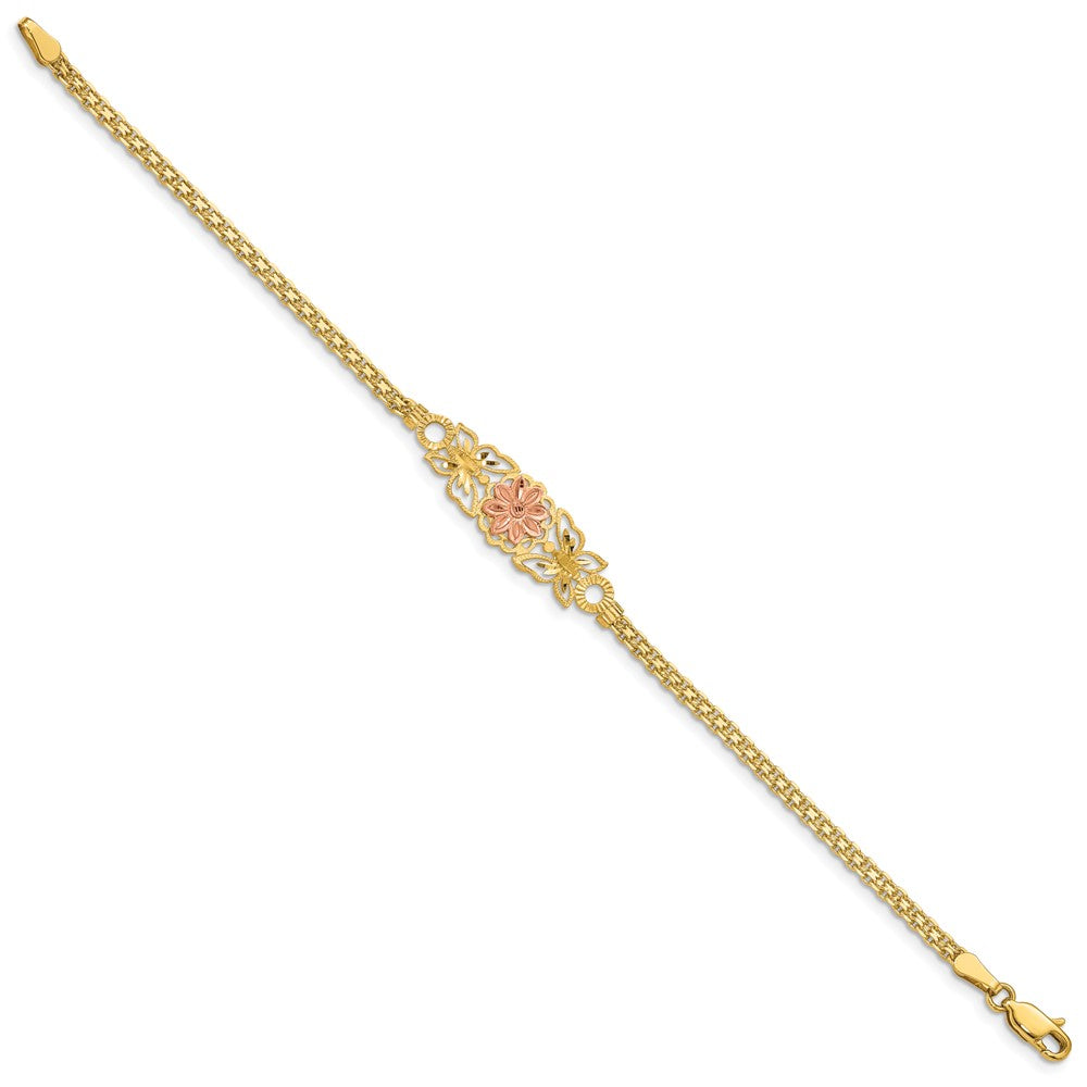 7 Zoll 14K Bicolor Gebürstet & Poliert Schmetterling Blumen Armband