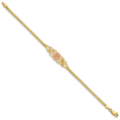 7 Zoll 14K Bicolor Gebürstet & Poliert Schmetterling Blumen Armband