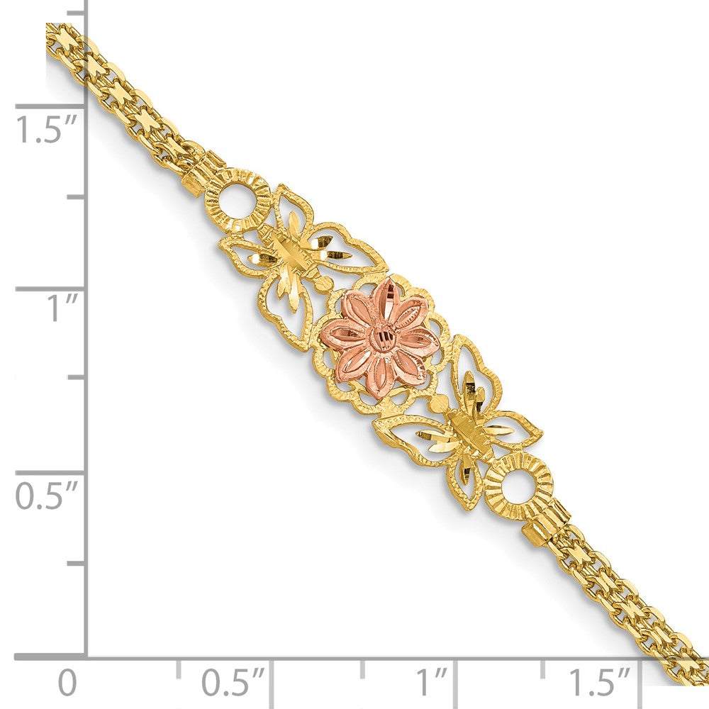 7 Zoll 14K Bicolor Gebürstet & Poliert Schmetterling Blumen Armband