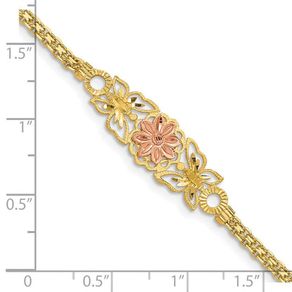 7 Zoll 14K Bicolor Gebürstet & Poliert Schmetterling Blumen Armband
