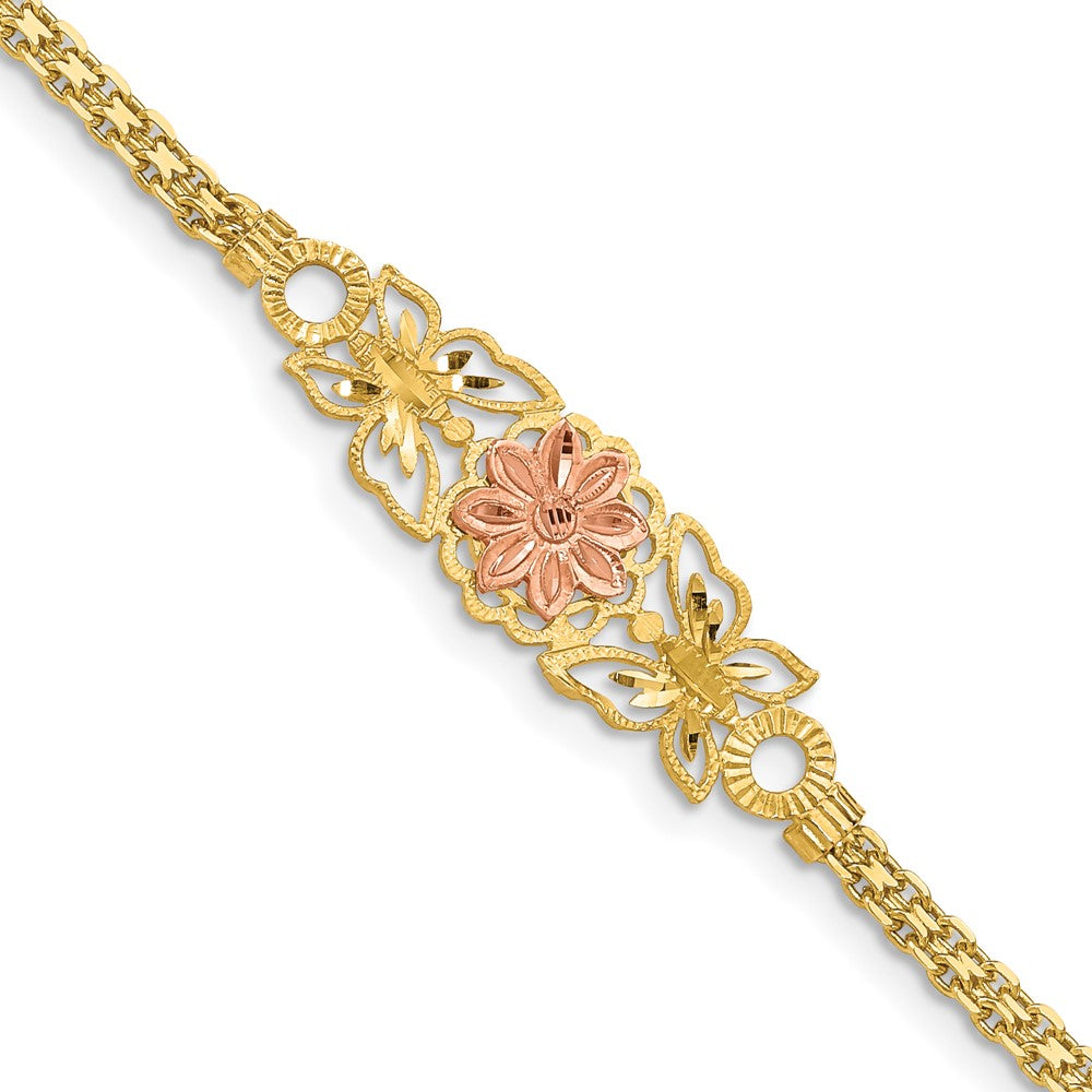 7 Zoll 14K Bicolor Gebürstet & Poliert Schmetterling Blumen Armband