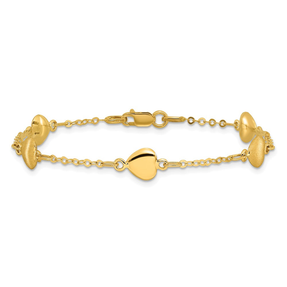 14K Gelbgold Gebürstet & Poliert Herzen 7 Zoll Armband