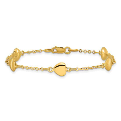 14K Gelbgold Gebürstet & Poliert Herzen 7 Zoll Armband