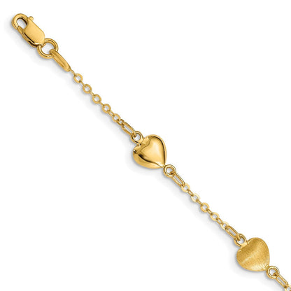 14K Gelbgold Gebürstet & Poliert Herzen 7 Zoll Armband