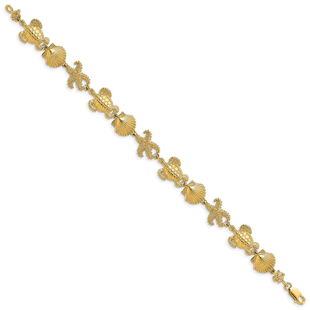 7.5 Zoll 14K Poliert Schildkröte, Muschel und Seestern Armband