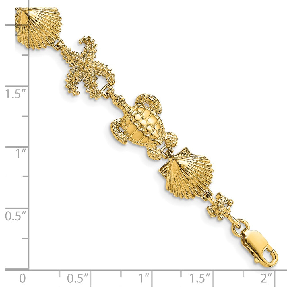 7.5 Zoll 14K Poliert Schildkröte, Muschel und Seestern Armband