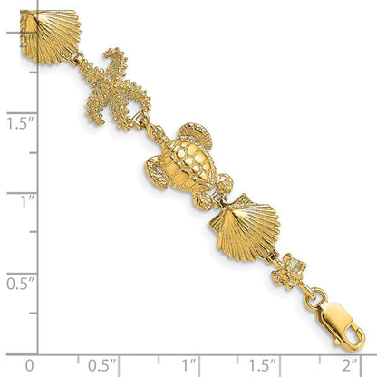 7.5 Zoll 14K Poliert Schildkröte, Muschel und Seestern Armband