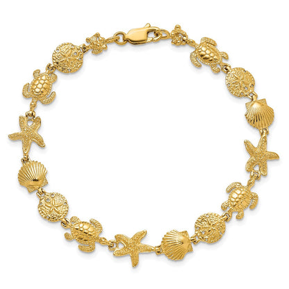 14K Poliert Schildkröte, Sand Dollar, Muschel und Seestern Glieder Armband