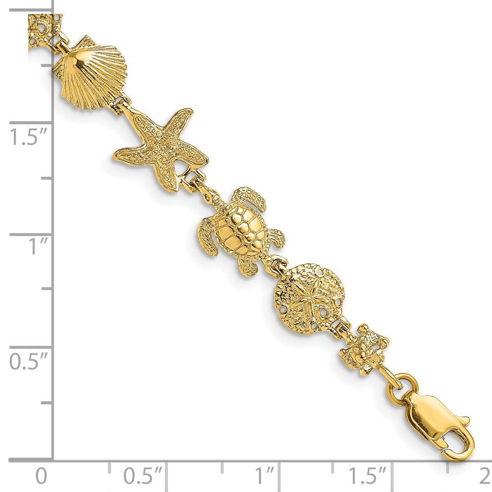 14K Poliert Schildkröte, Sand Dollar, Muschel und Seestern Glieder Armband