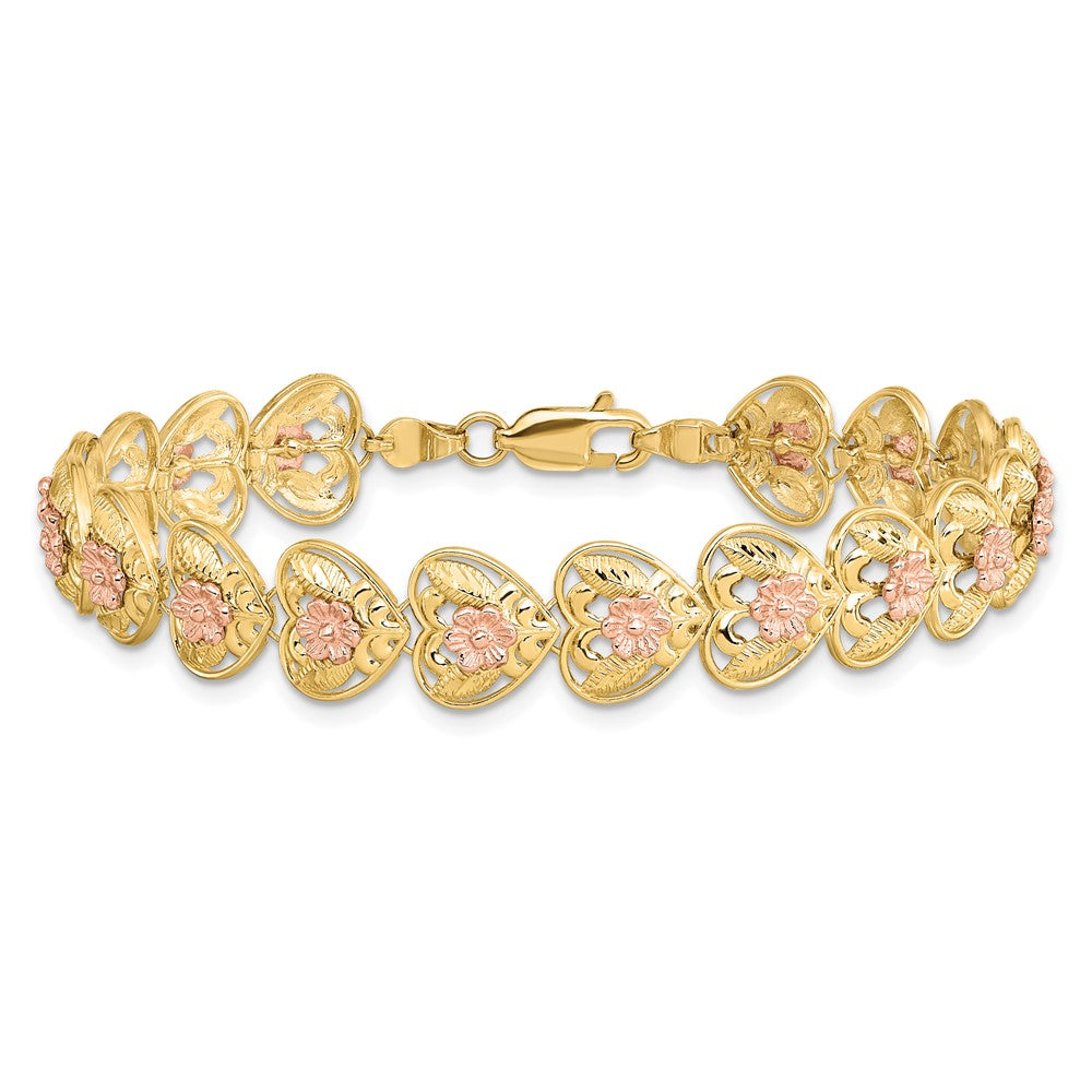 7.25 Zoll 14K Bicolor Diamantiert Herz mit Blumen 7.25 Zoll Armband