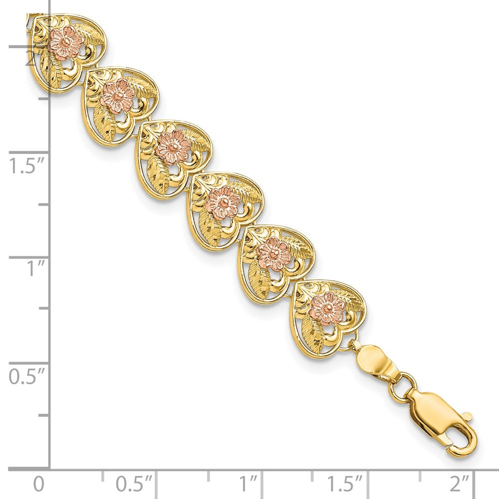 7.25 Zoll 14K Bicolor Diamantiert Herz mit Blumen 7.25 Zoll Armband