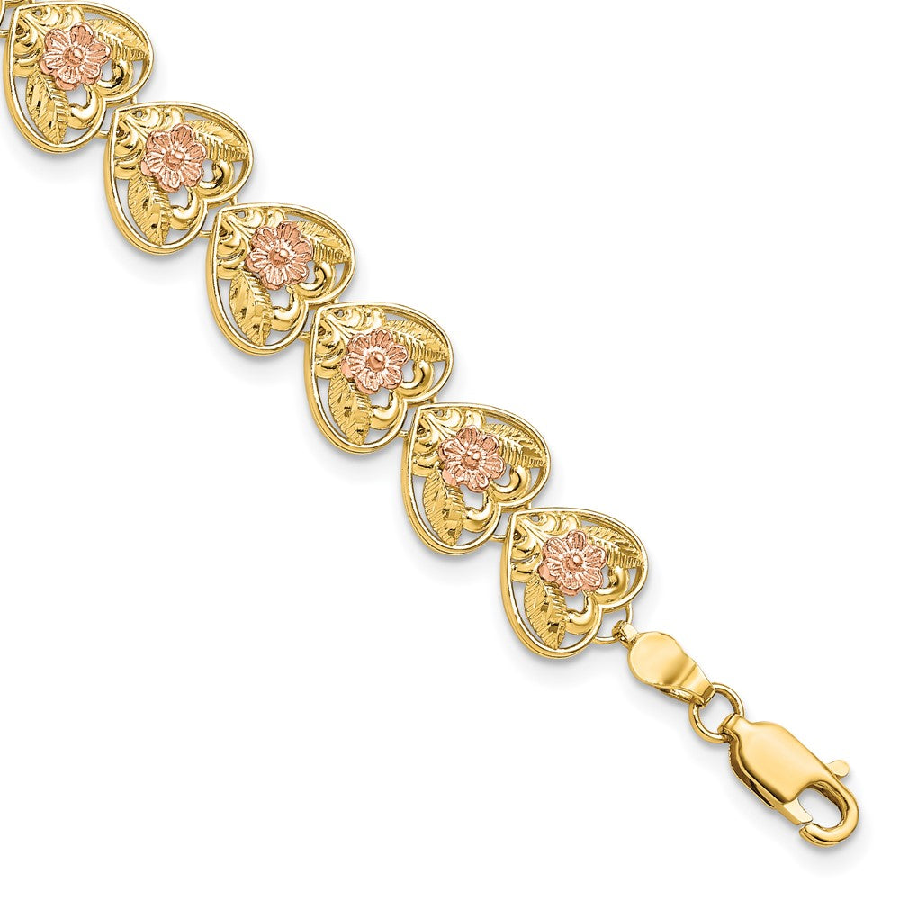 7.25 Zoll 14K Bicolor Diamantiert Herz mit Blumen 7.25 Zoll Armband