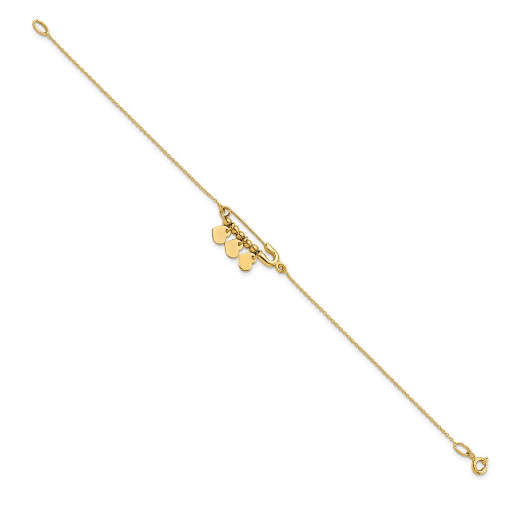 14K Gelbgold Sicherheits Brosche mit Hängend Herzen Armband
