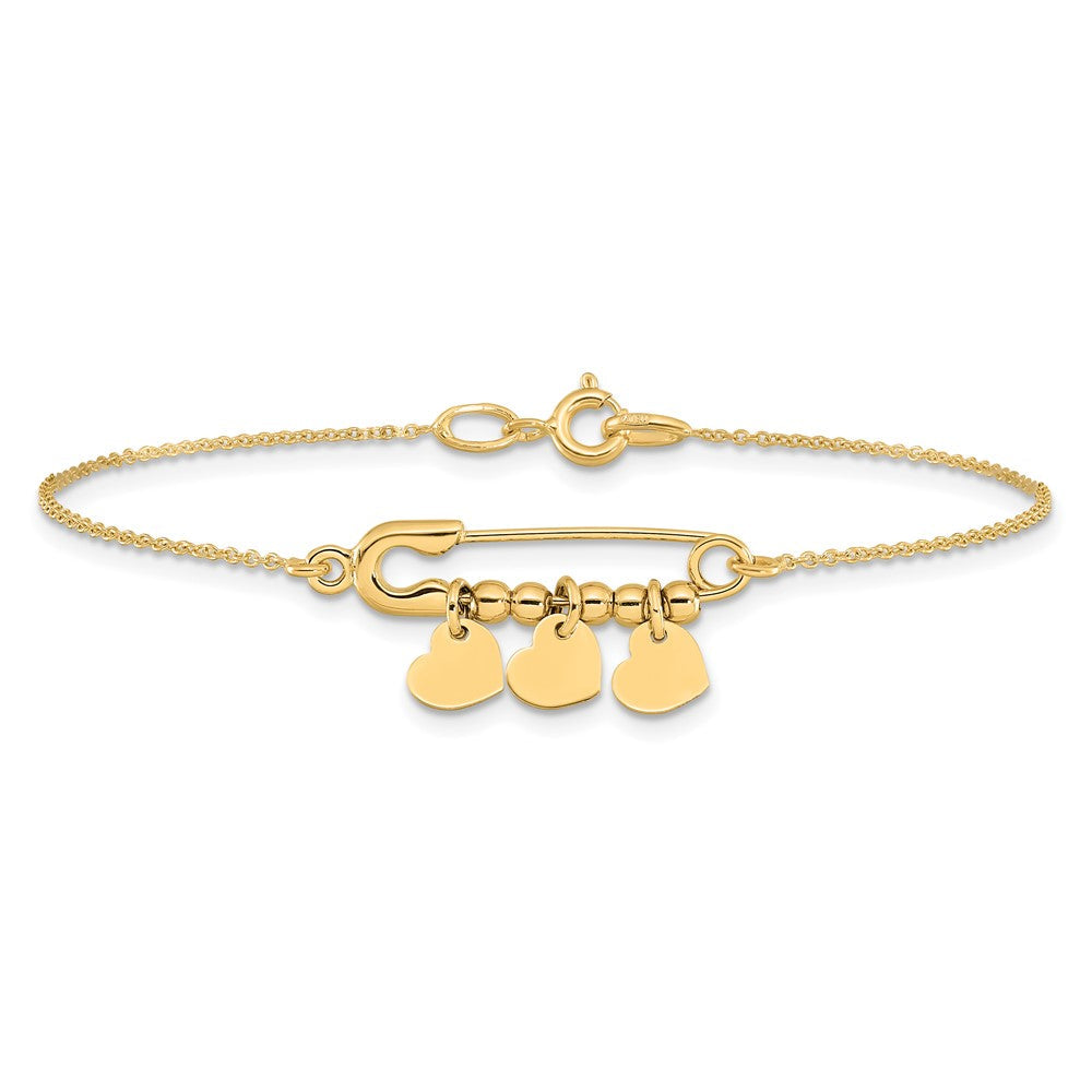 14K Gelbgold Sicherheits Brosche mit Hängend Herzen Armband
