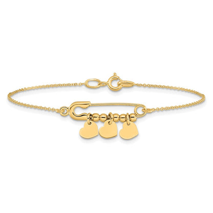 14K Gelbgold Sicherheits Brosche mit Hängend Herzen Armband