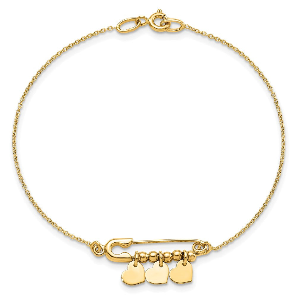 14K Gelbgold Sicherheits Brosche mit Hängend Herzen Armband