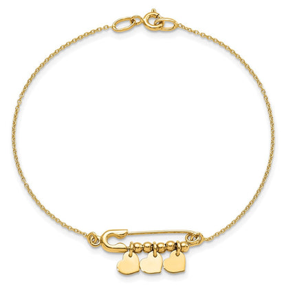 14K Gelbgold Sicherheits Brosche mit Hängend Herzen Armband