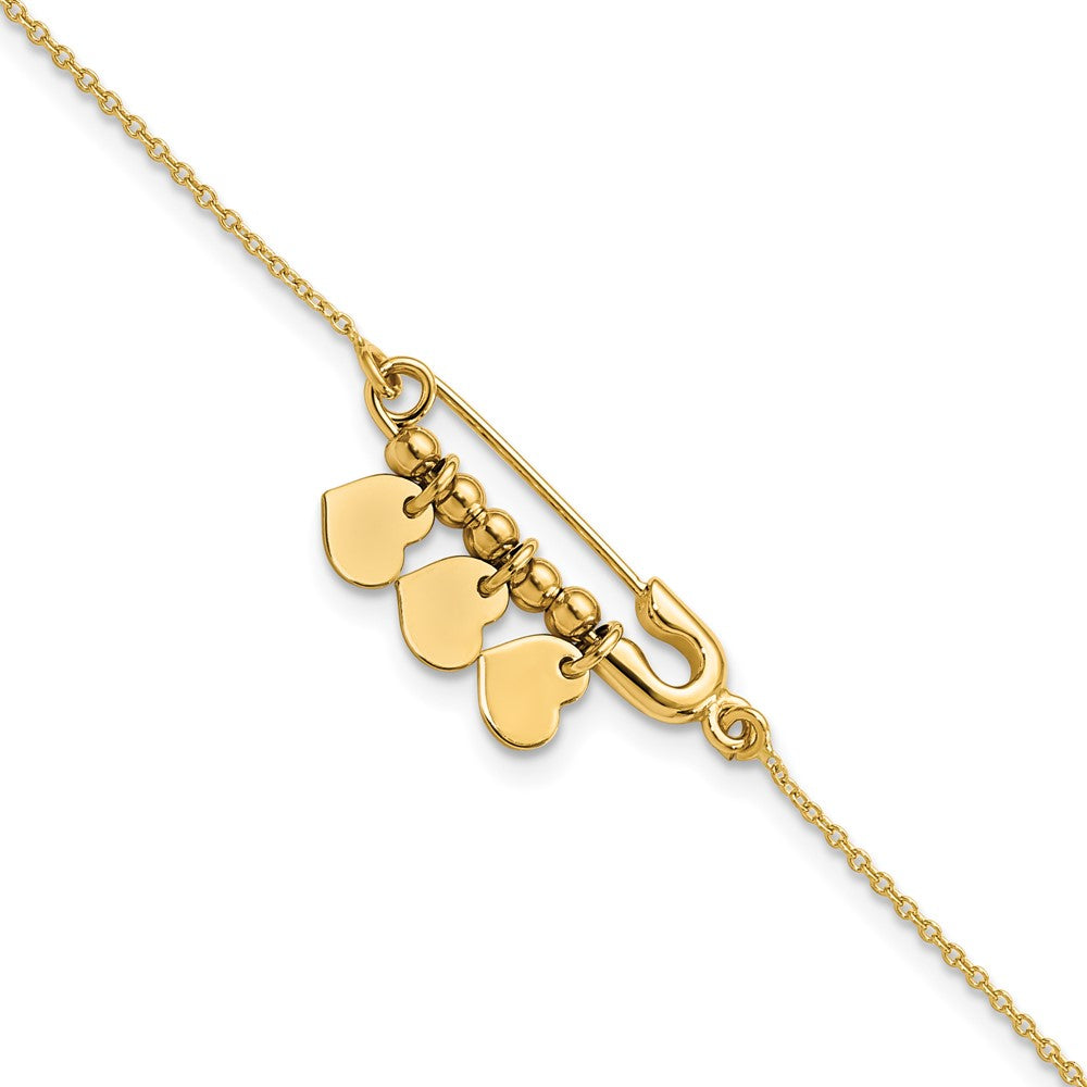 14K Gelbgold Sicherheits Brosche mit Hängend Herzen Armband