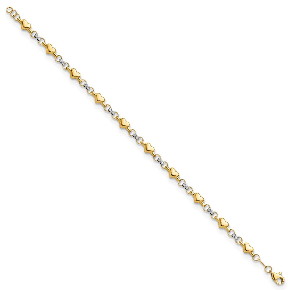14K Bicolor Poliert Diamantiert Herz 7.5 Zoll Armband