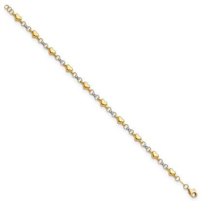 14K Bicolor Poliert Diamantiert Herz 7.5 Zoll Armband