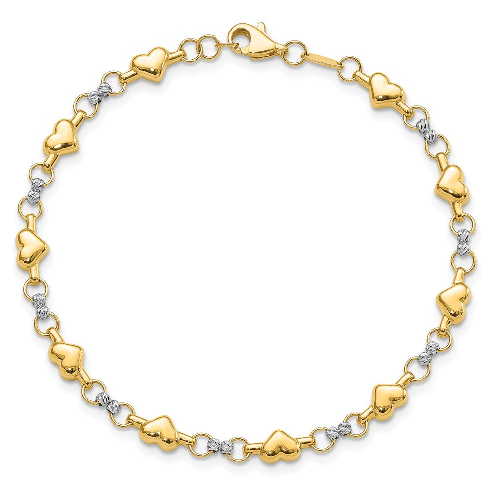 14K Bicolor Poliert Diamantiert Herz 7.5 Zoll Armband